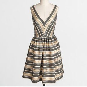 J. Crew Striped Gold V-Neck Fit Flare Dress 10